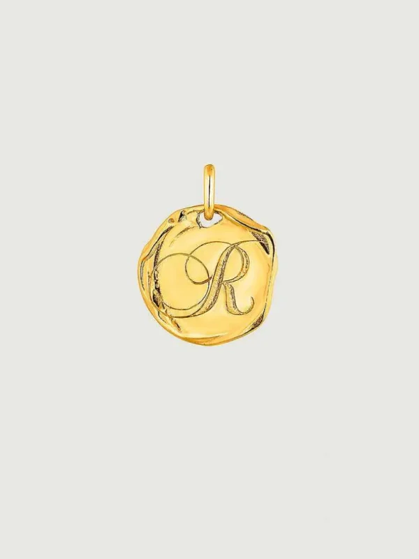 Conectores-Aristocrazy Charm Artesanal De Plata 925 Banada En Oro Amarillo De 18K Con Inicial R