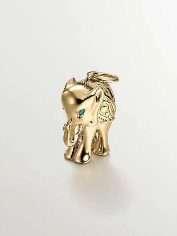 Charms De Plata-Aristocrazy Charm De Plata 925 Banada En Oro Amarillo De 18K Con Onix Verde Y Forma De Elefante