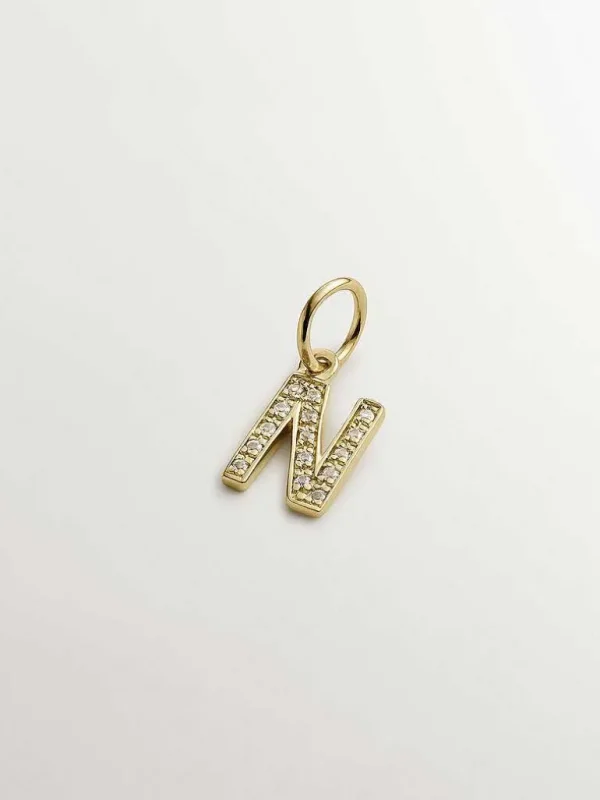 Conectores-Aristocrazy Charm De Plata 925 Banada En Oro Amarillo De 18K Y Topacios Blancos Inicial N