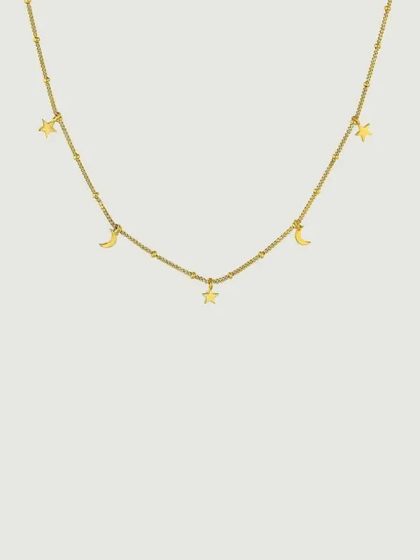 Collares De Plata-Aristocrazy Collar De Plata 925 Banada En Oro Amarillo De 18K Con Estrellas Y Lunas