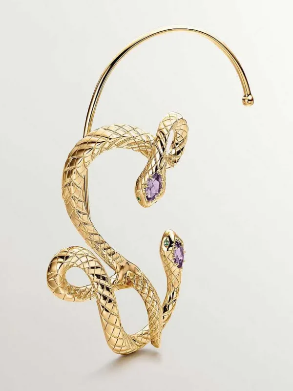 Pendientes De Plata-Aristocrazy Earcuff De Plata 925 Banada En Oro Amarillo De 18K Con Forma De Serpiente, Amatista Y Tsavorita