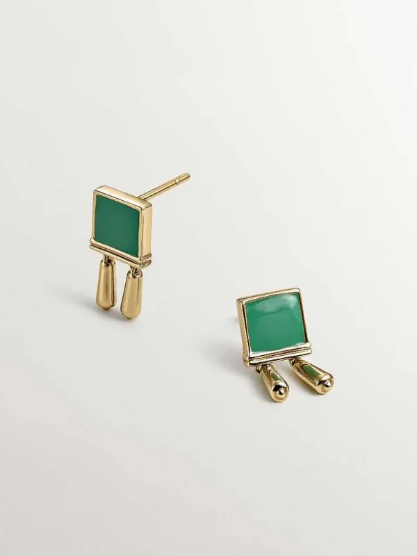 Pendientes De Plata-Aristocrazy Pendiente Individual De Plata 925 Banada En Oro Amarillo De 18K Con Esmalte Verde