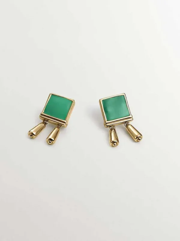 Pendientes De Plata-Aristocrazy Pendiente Individual De Plata 925 Banada En Oro Amarillo De 18K Con Esmalte Verde