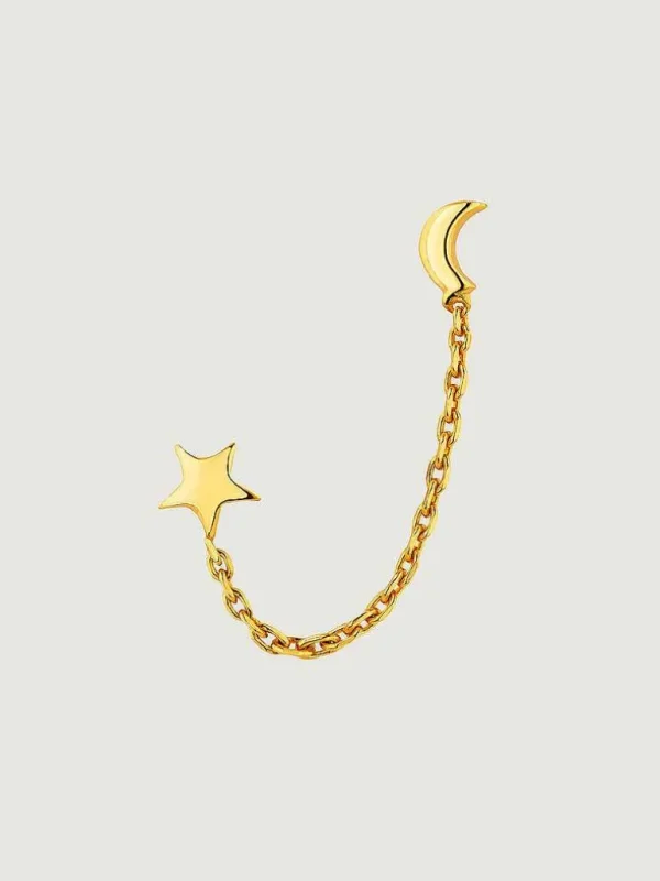 Piercings De Plata-Aristocrazy Pendiente Trepador De Plata 925 Banada En Oro Amarillo De 18K Con Luna Y Estrella