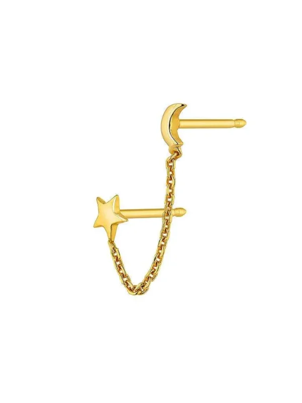 Piercings De Plata-Aristocrazy Pendiente Trepador De Plata 925 Banada En Oro Amarillo De 18K Con Luna Y Estrella