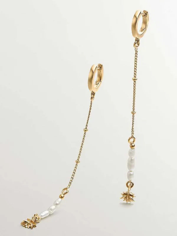 Pendientes De Plata-Aristocrazy Pendientes De Aro De Plata 925 Banada En Oro Amarillo De 18K Con Colgante De Perlas Y Flor De Loto