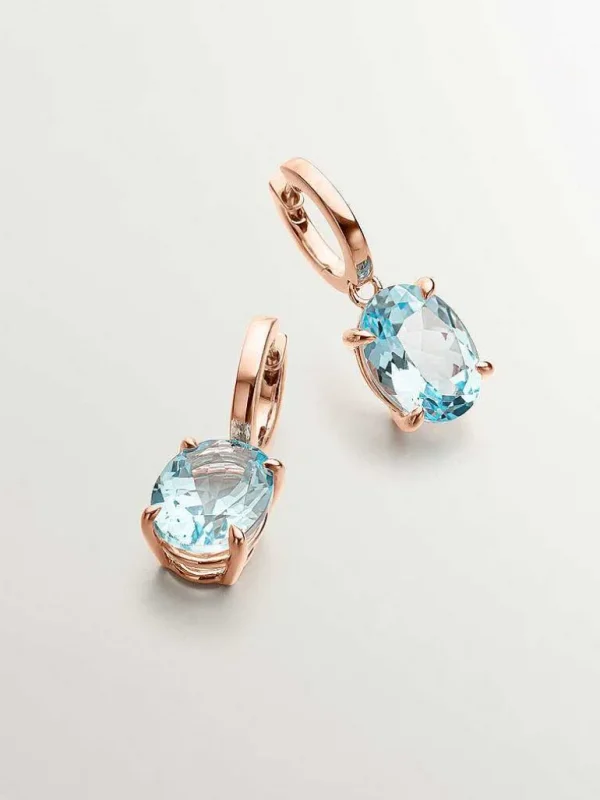 Pendientes De Plata-Aristocrazy Pendientes De Aro Grandes De Plata 925 Banada En Oro Rosa De 18K Con Topacio Azul Sky