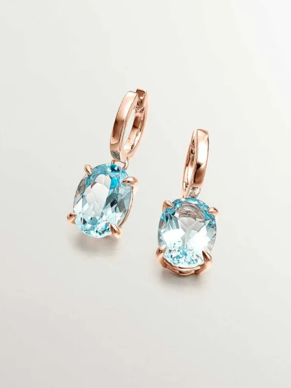 Pendientes De Plata-Aristocrazy Pendientes De Aro Grandes De Plata 925 Banada En Oro Rosa De 18K Con Topacio Azul Sky