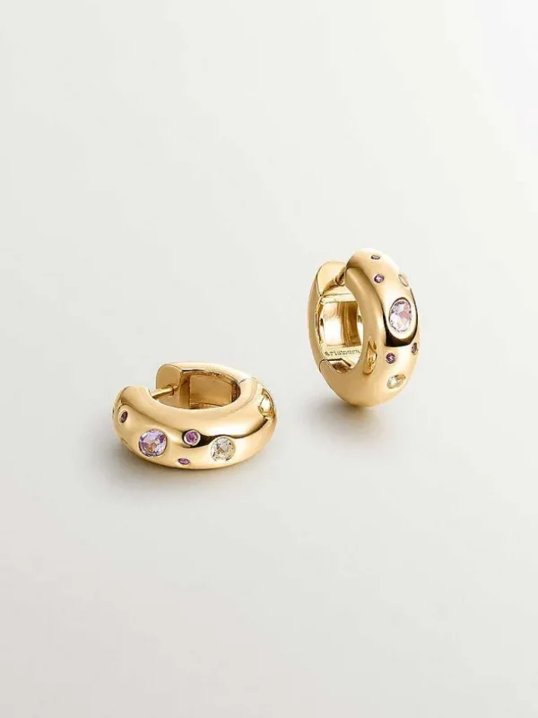 Pendientes De Plata-Aristocrazy Pendientes De Aro Gruesos De Plata 925 Banada En Oro Amarillo De 18K Con Topacios Blancos, Amatistas Rosas Y Moradas Y Rodolitas Rosas