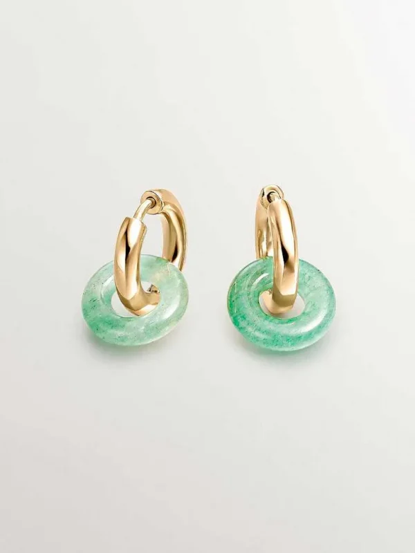 Pendientes De Plata-Aristocrazy Pendientes De Aro Medianos De Plata 925 Banada En Oro Amarillo De 18K Con Aventurina Verde