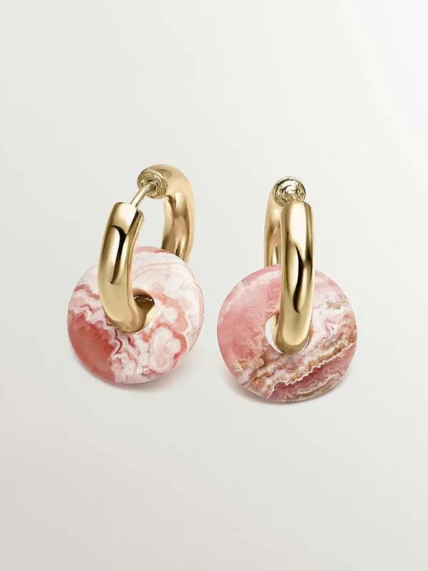 Pendientes De Plata-Aristocrazy Pendientes De Aro Mediano De Plata 925 Banada En Oro Amarillo De 18K Con Rodocrosita Rosa