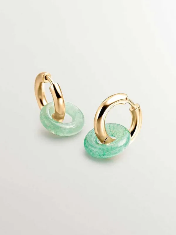 Pendientes De Plata-Aristocrazy Pendientes De Aro Medianos De Plata 925 Banada En Oro Amarillo De 18K Con Aventurina Verde