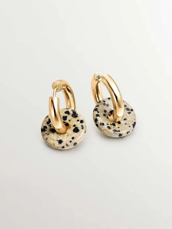 Pendientes De Plata-Aristocrazy Pendientes De Aro Mediano De Plata 925 Banada En Oro Amarillo De 18K Con Jaspe Dalmata