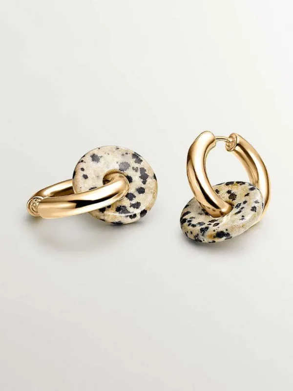 Pendientes De Plata-Aristocrazy Pendientes De Aro Mediano De Plata 925 Banada En Oro Amarillo De 18K Con Jaspe Dalmata