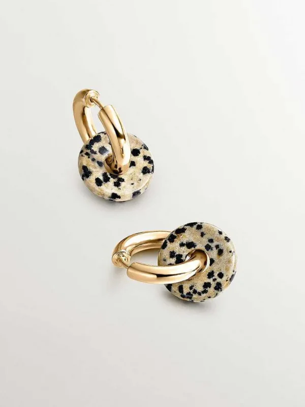 Pendientes De Plata-Aristocrazy Pendientes De Aro Mediano De Plata 925 Banada En Oro Amarillo De 18K Con Jaspe Dalmata