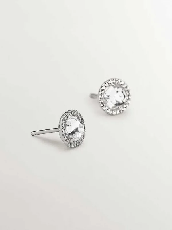 Piercings De Plata-Aristocrazy Pendientes De Boton De Plata 925 Con Topacios Blancos Y Orla De Zafiros Blancos