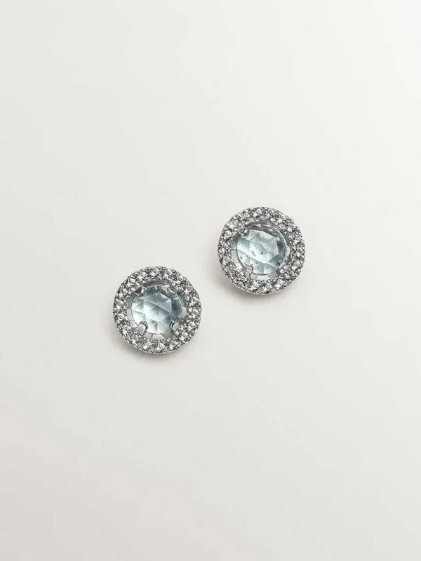 Piercings De Plata-Aristocrazy Pendientes De Boton De Plata 925 Cos Topacio Azul 0,82 Cts Y Orla De Zafiros Blancos