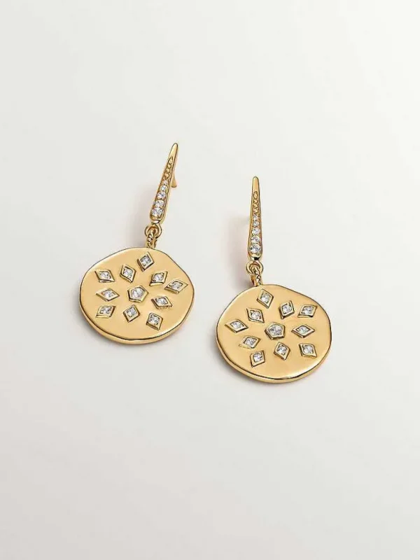 Pendientes De Plata-Aristocrazy Pendientes De Plata 925 Banada En Oro Amarillo De 18K Con Forma De Medalla Irregular Y Topacios Blancos