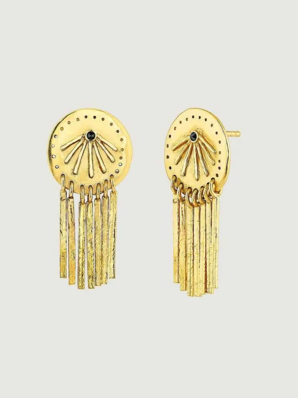 Pendientes De Plata-Aristocrazy Pendientes De Plata 925 Banada En Oro Amarillo De 18K Con Espinelas Negras Y Motivos Etnicos