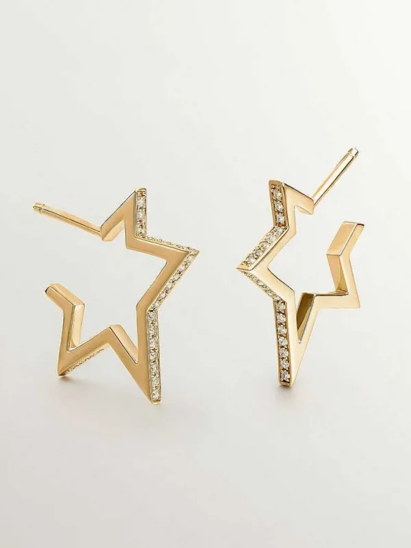 Pendientes De Aro-Aristocrazy Pendientes De Plata 925 Banada En Oro Amarillo De 18K Con Forma De Estrella Y Topacios Blancos