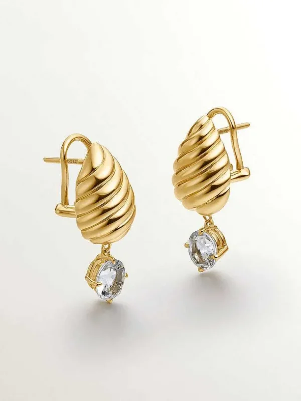 Pendientes De Plata-Aristocrazy Pendientes De Plata 925 Banada En Oro Amarillo De 18K Con Cuarzos Blancos Y Textura Gallonada