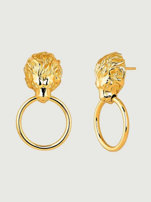 Pendientes De Plata-Aristocrazy Pendientes De Plata 925 Banada En Oro Amarillo De 18K Con Aro Y Cabeza De Leon