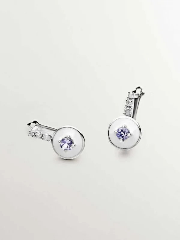 Pendientes De Plata-Aristocrazy Pendientes De Plata 925 Con Tanzanitas Moradas, Diamantes Blancos Y Esmalte Blanco