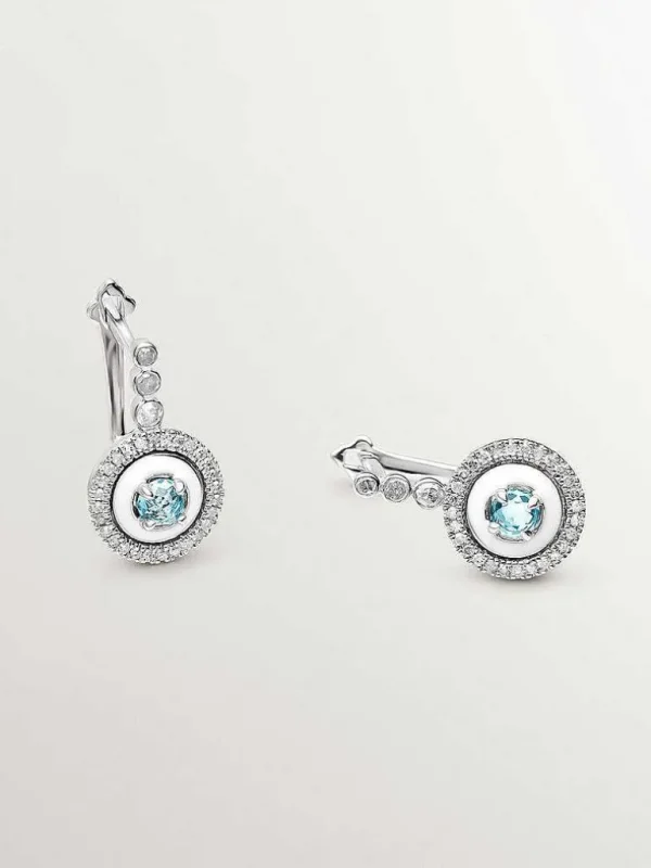 Pendientes De Plata-Aristocrazy Pendientes De Plata 925 Con Topacios Azul Swiss, Diamantes Blancos Y Esmalte Blanco