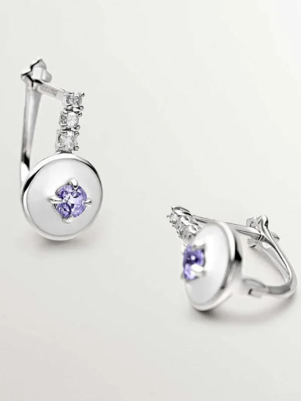 Pendientes De Plata-Aristocrazy Pendientes De Plata 925 Con Tanzanitas Moradas, Diamantes Blancos Y Esmalte Blanco