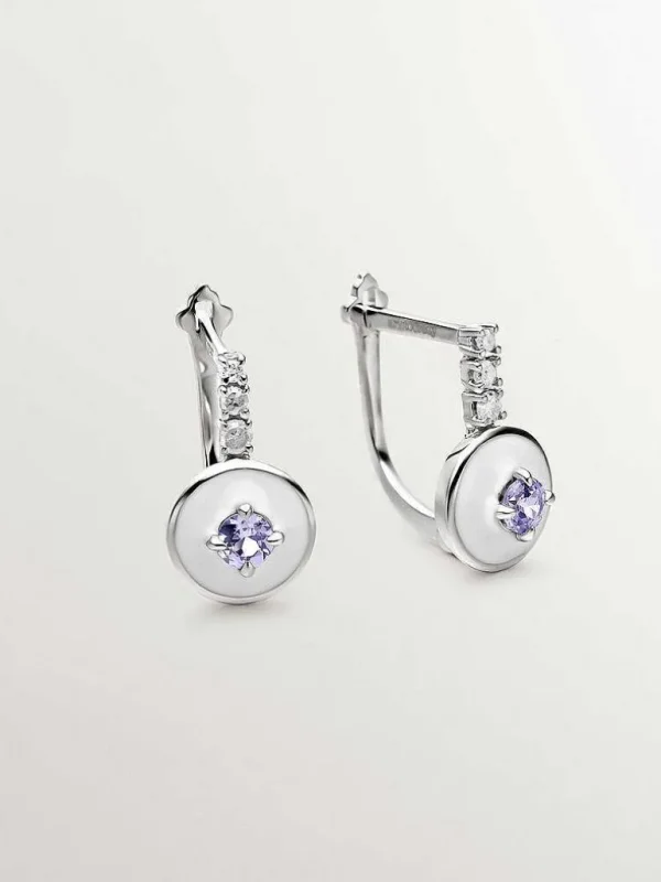 Pendientes De Plata-Aristocrazy Pendientes De Plata 925 Con Tanzanitas Moradas, Diamantes Blancos Y Esmalte Blanco