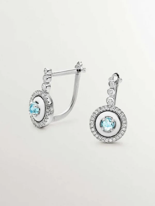 Pendientes De Plata-Aristocrazy Pendientes De Plata 925 Con Topacios Azul Swiss, Diamantes Blancos Y Esmalte Blanco