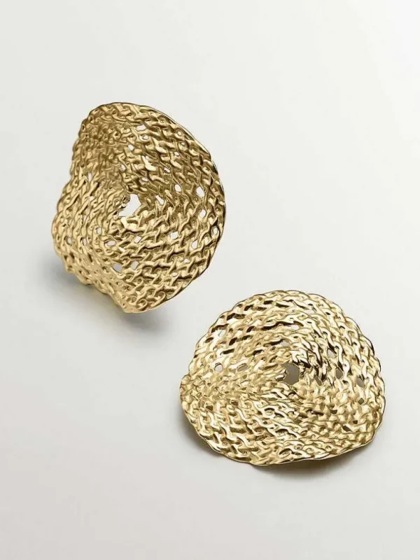 Pendientes De Plata-Aristocrazy Pendientes Grandes De Plata 925 Banada En Oro Amarillo De 18K Con Textura De Mimbre