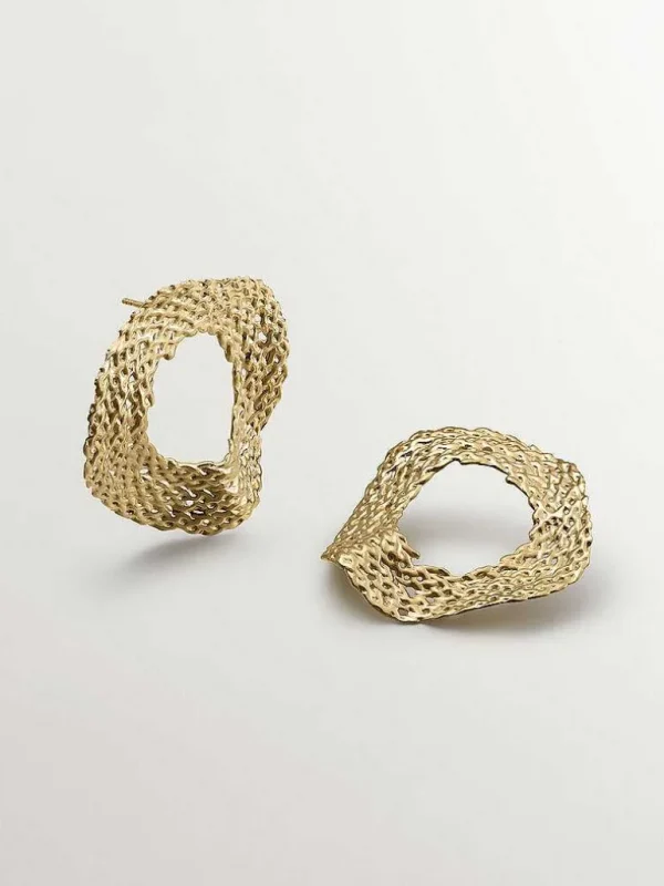 Pendientes De Plata-Aristocrazy Pendientes Grandes De Plata 925 Banada En Oro Amarillo De 18K Con Textura De Mimbre