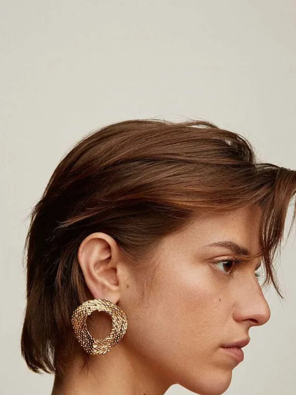 Pendientes De Plata-Aristocrazy Pendientes Grandes De Plata 925 Banada En Oro Amarillo De 18K Con Textura De Mimbre