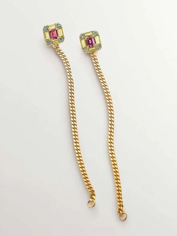 Pendientes De Plata-Aristocrazy Pendientes Largos Cadena De Plata 925 Banada En Oro Amarillo De 18K Con Peridotos, Topacios Y Rodolitas