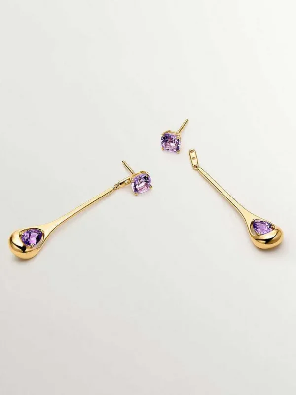 Pendientes De Plata-Aristocrazy Pendientes Largos De Plata 925 Con Amatistas Rosas Y Moradas