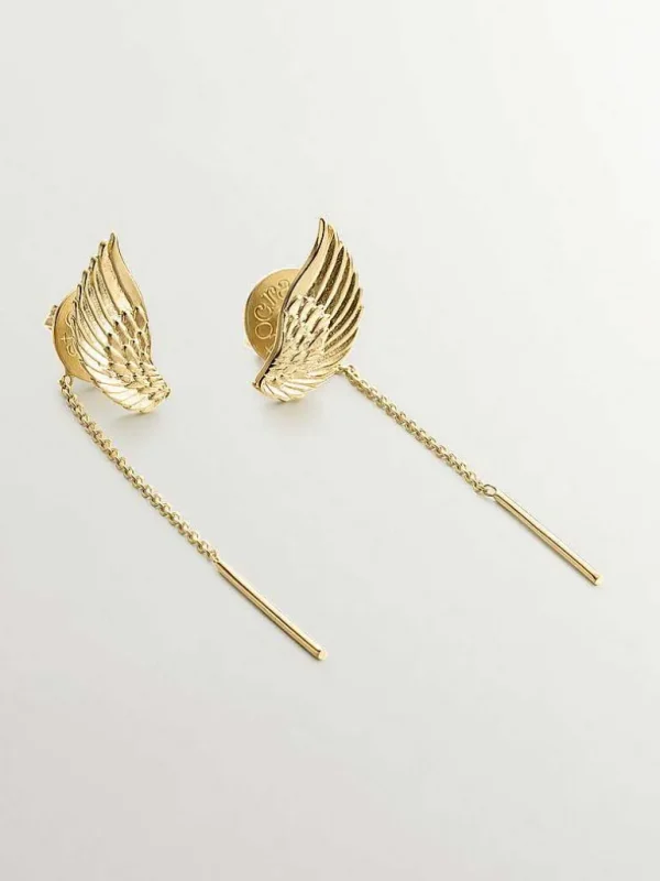 Pendientes De Plata-Aristocrazy Pendientes Largos De Plata 925 Banada En Oro Amarillo De 18K Con Alas