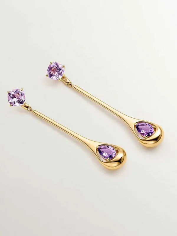 Pendientes De Plata-Aristocrazy Pendientes Largos De Plata 925 Con Amatistas Rosas Y Moradas