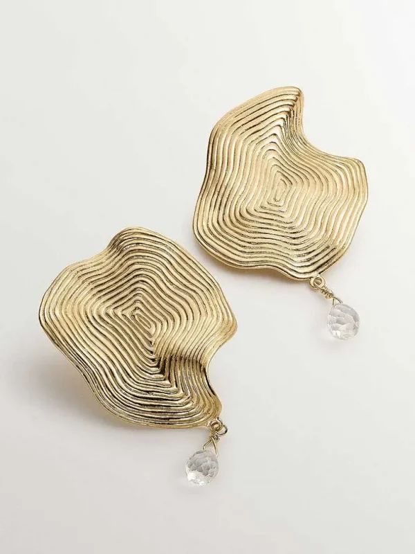 Pendientes De Plata-Aristocrazy Pendientes Ondulados Grandes De Plata 925 Banada En Oro Amarillo De 18K Con Topacio Blanco