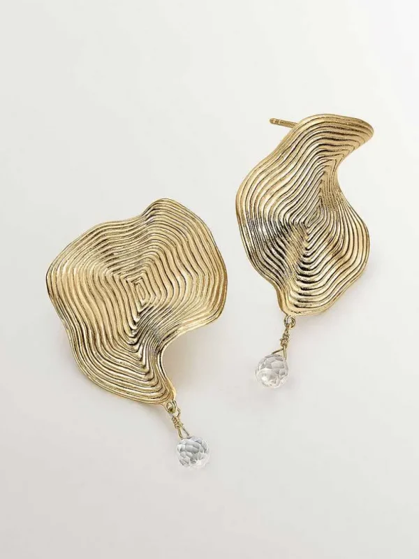 Pendientes De Plata-Aristocrazy Pendientes Ondulados Grandes De Plata 925 Banada En Oro Amarillo De 18K Con Topacio Blanco