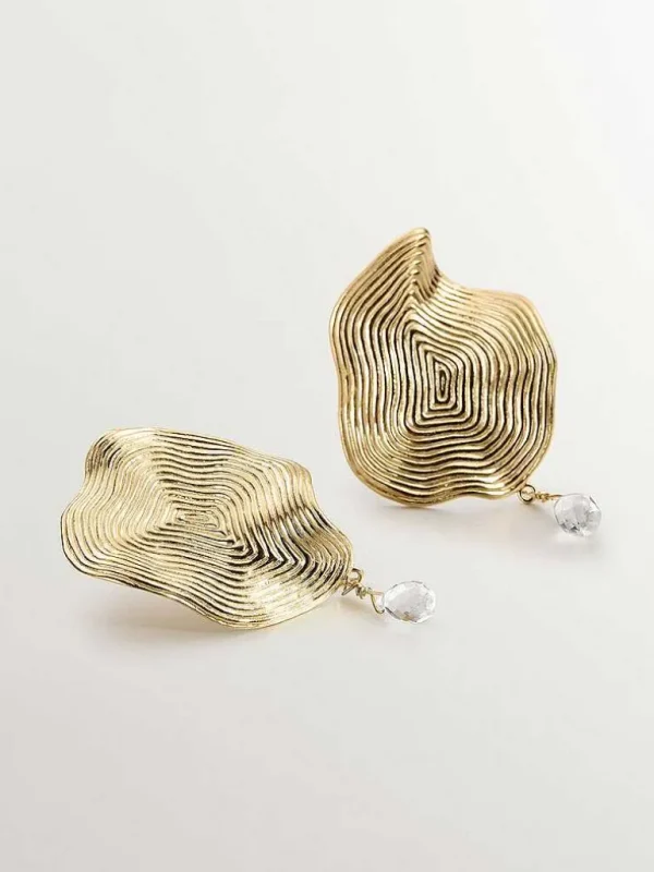 Pendientes De Plata-Aristocrazy Pendientes Ondulados Grandes De Plata 925 Banada En Oro Amarillo De 18K Con Topacio Blanco