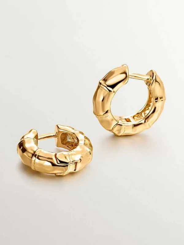 Pendientes De Aro-Aristocrazy Pendientes Pequenos De Aro De Plata 925 Banada En Oro Amarillo De 18K Con Textura De Bambu