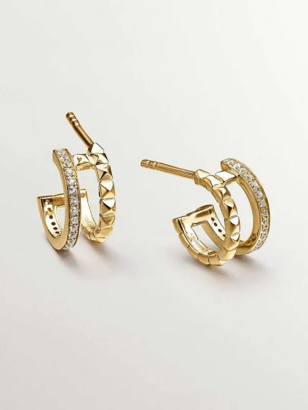 Pendientes De Aro-Aristocrazy Pendientes Pequenos De Aro Doble De Plata 925 Banada En Oro Amarillo De 18K Con Relieve Y Topacios Blancos