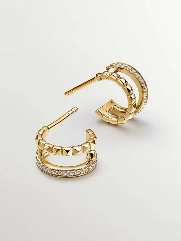 Pendientes De Aro-Aristocrazy Pendientes Pequenos De Aro Doble De Plata 925 Banada En Oro Amarillo De 18K Con Relieve Y Topacios Blancos