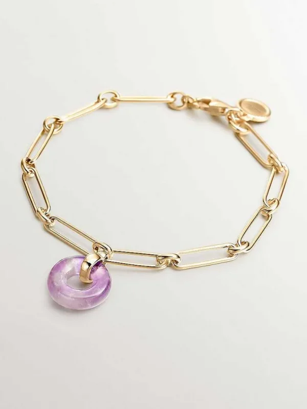 Pulseras De Plata-Aristocrazy Pulsera De Eslabones De Plata 925 Banada En Oro Amarillo De 18K Con Amatista Morada