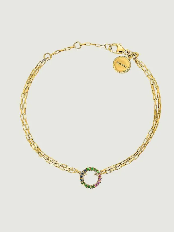 Pulseras De Plata-Aristocrazy Pulsera De Eslabones Forza De Plata 925 Banada En Oro Amarillo De 18K Con Aro De Piedras Multicolor