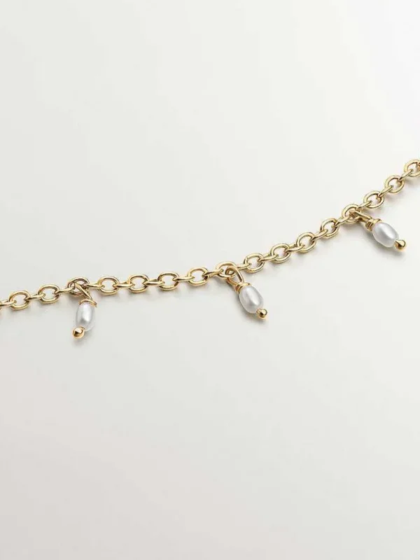 Pulseras De Plata-Aristocrazy Pulsera De Plata 925 Banada En Oro Amarillo De 18K Con Perlas De Rio Y Nenufar