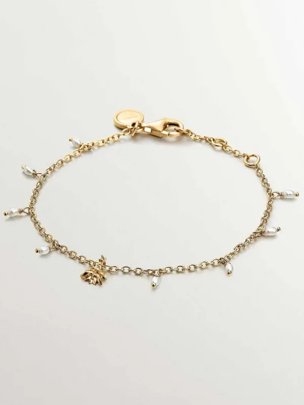 Pulseras De Plata-Aristocrazy Pulsera De Plata 925 Banada En Oro Amarillo De 18K Con Perlas De Rio Y Nenufar