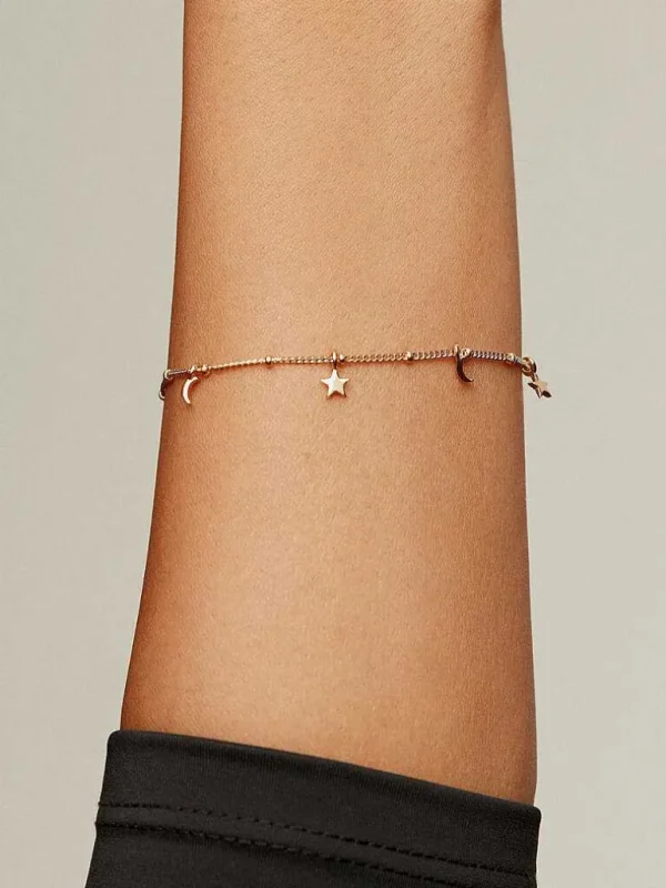 Pulseras De Plata-Aristocrazy Pulsera De Plata 925 Banada En Oro Amarillo De 18K Con Lunas Y Estrellas