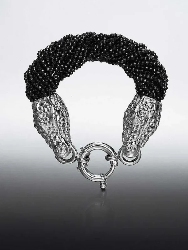 Brazaletes Y Pulseras Rígidas-Aristocrazy Pulsera De Plata 925 Y Espinelas Negras Con Forma De Cabezas De Cocodrilo